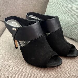 Calvin Klein Black Peep-Toe Mule Heels with Leather Trim Size 8